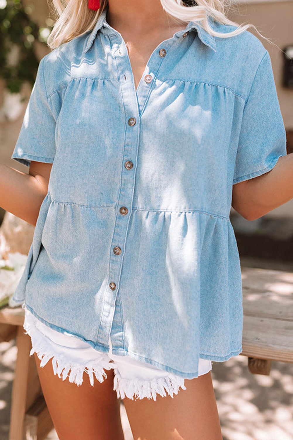 Chemise en chambray à manches courtes bleu ciel