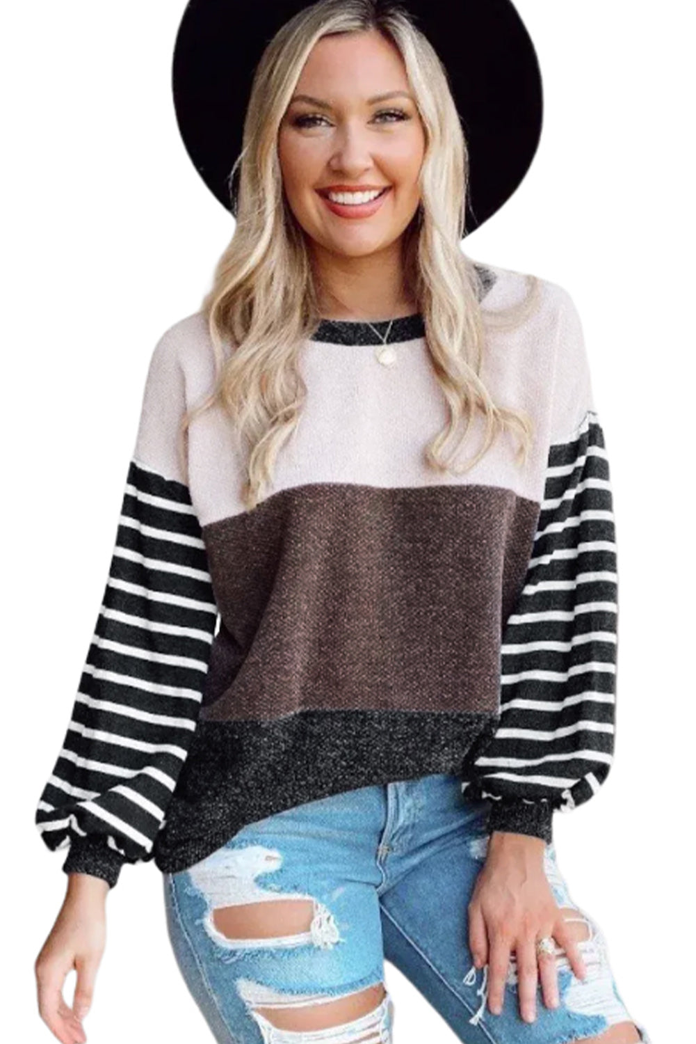 Contrast Striped Sleeve Color Block Pullover