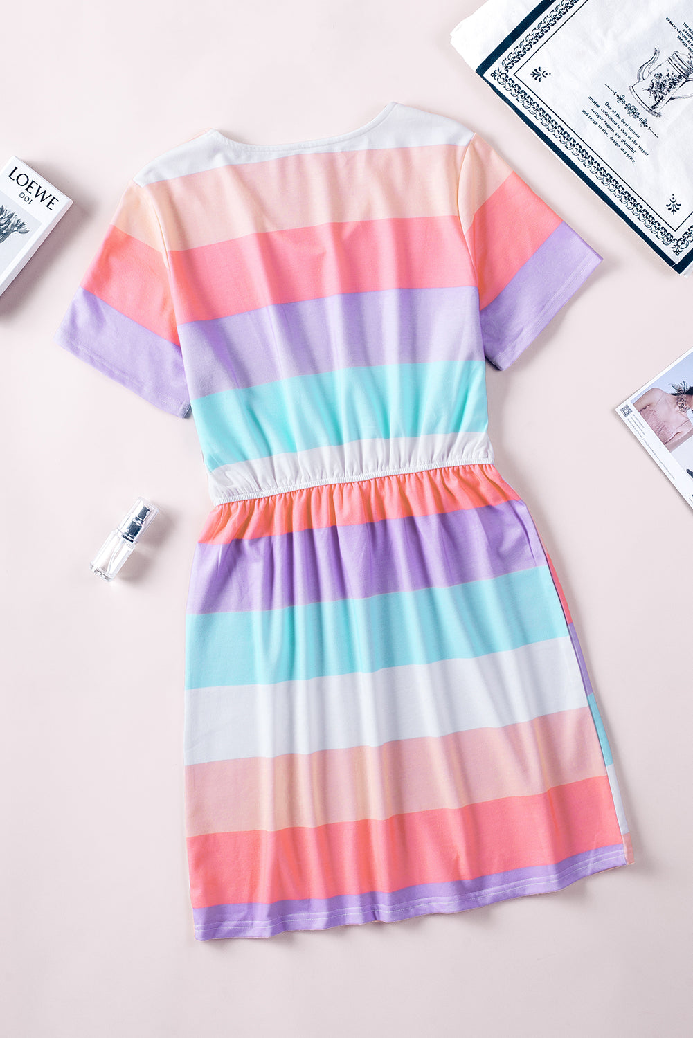 Striped Drawstring V Neck T Shirt Dress