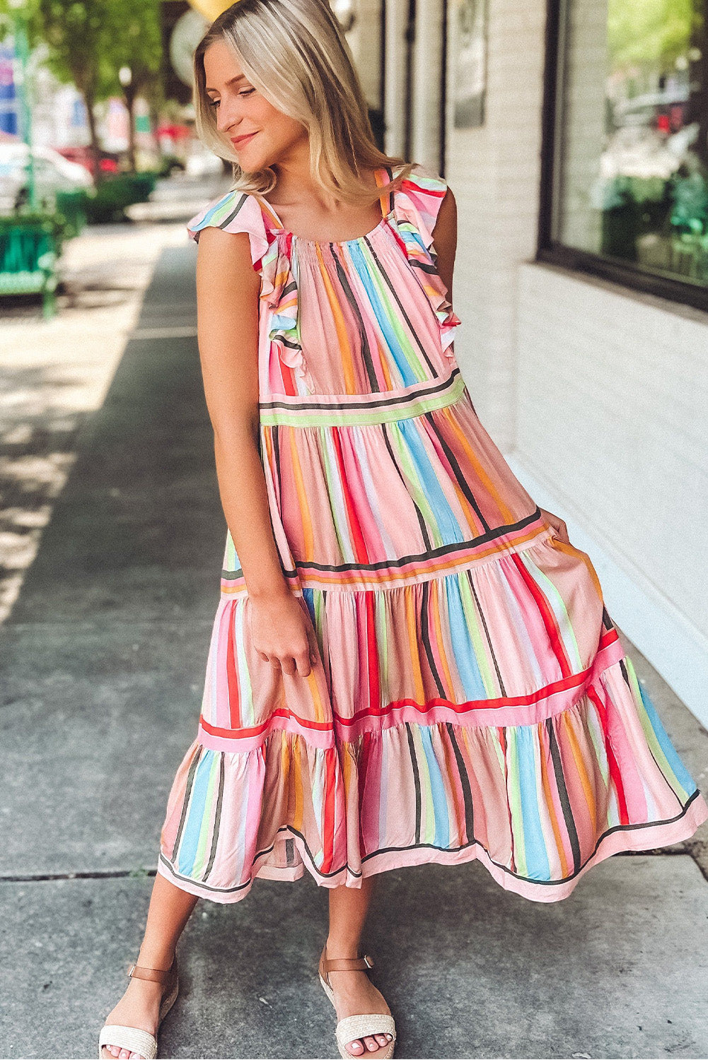 Rainbow Stripe Ruffles Ruched Tiered Dress