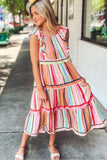 Rainbow Stripe Ruffles Ruched Tiered Dress