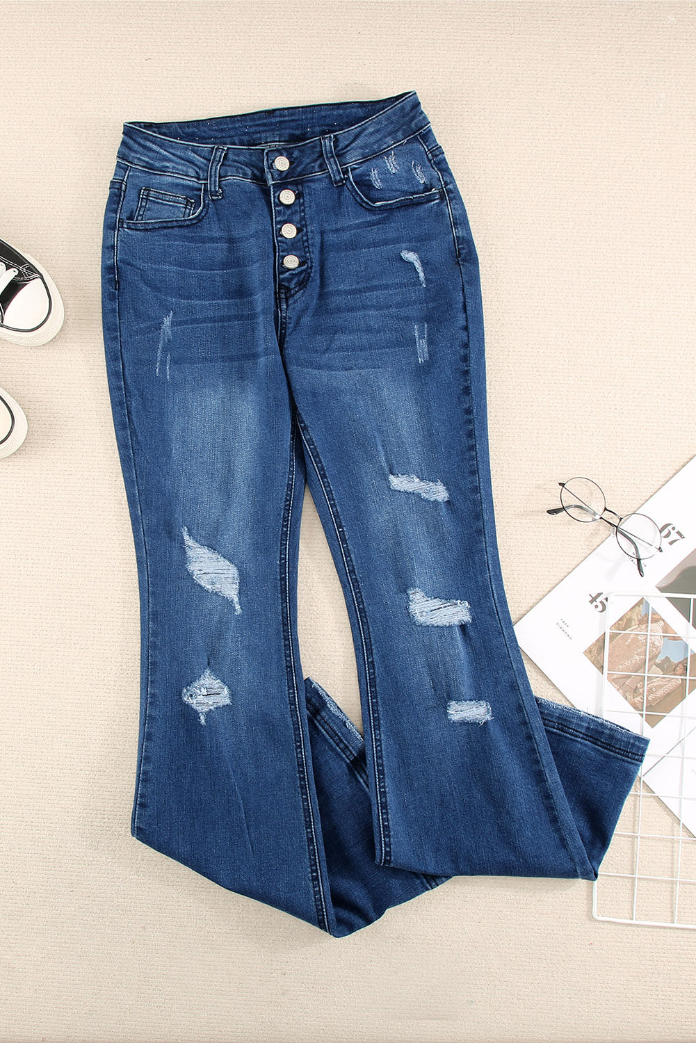 Dark Mid Rise Button Front Flare Denim