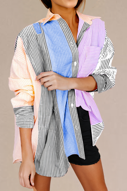 Pink Stripe Color Block Chest Pocket Oversized Shirt
