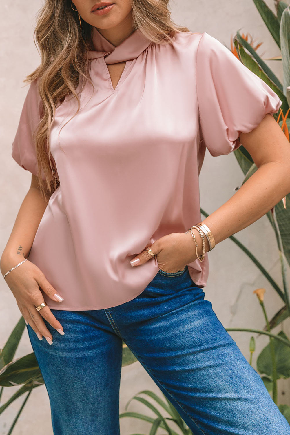 Twist High Neck Puff Sleeve Satin Blouse