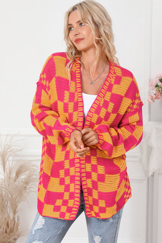 Open Front Mixed Checkered Pattern Knit Cardigan