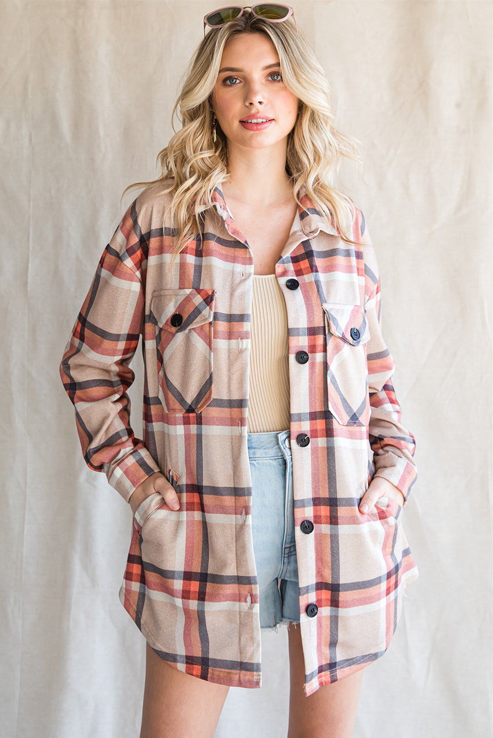 Chest Pockets Buttoned Oversized Plaid Shacket