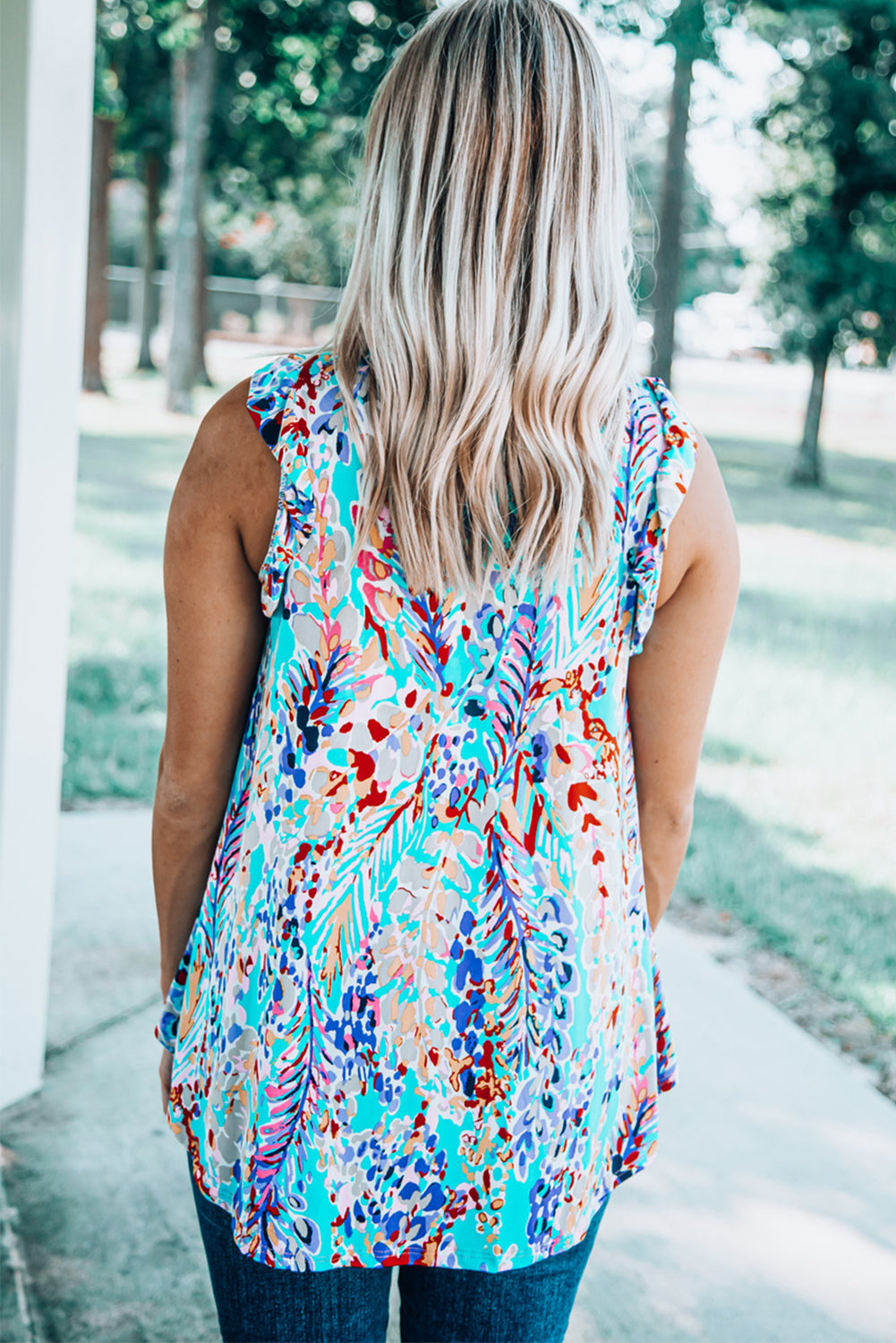 Floral Print Tank Top with Ruffles