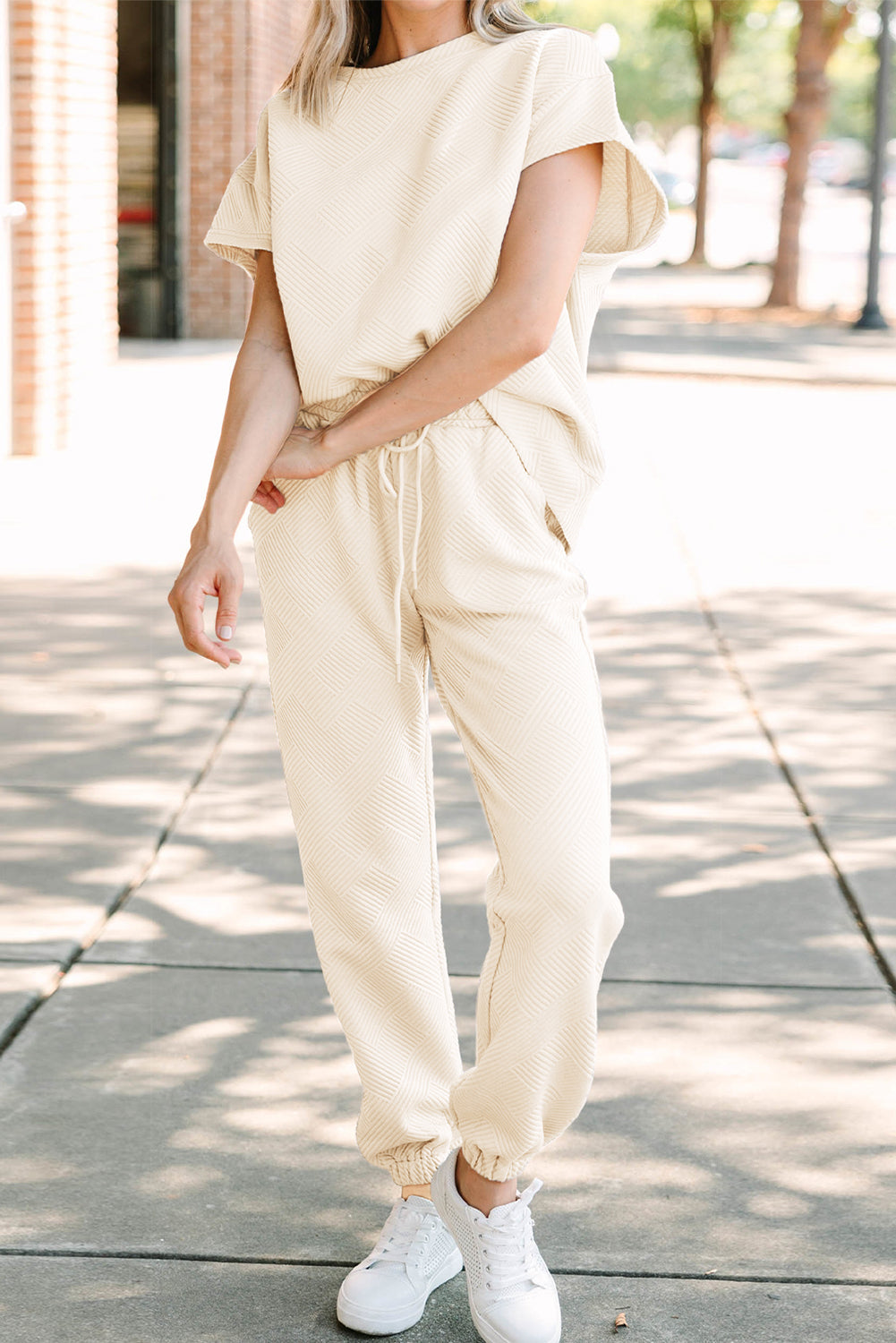 Black Textured Loose Fit T Shirt and Drawstring Pants Set