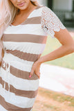 Lace Crochet Short Sleeve Drawstring Striped Dress