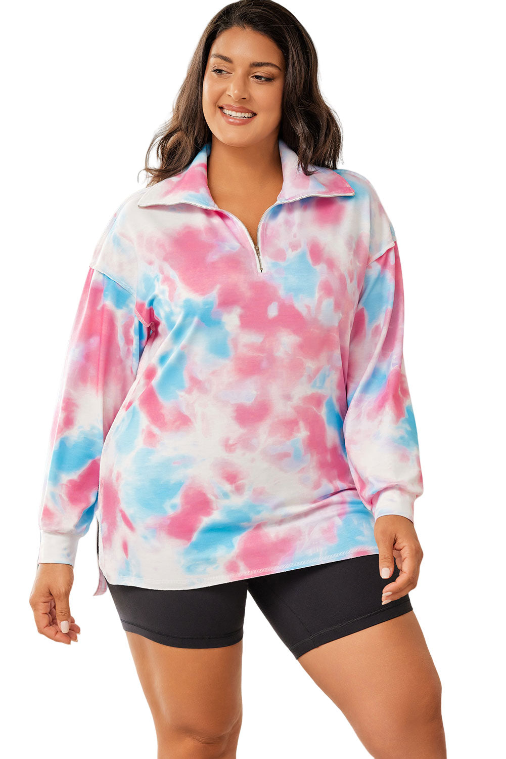 Plus Size Tie-dye Zipped Collared Pullover Sweatshirt