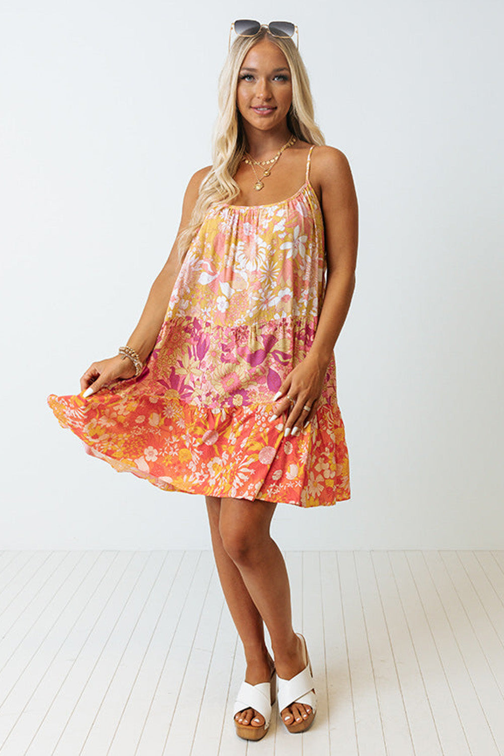 Floral Print Tiered Spaghetti Straps Shift Dress