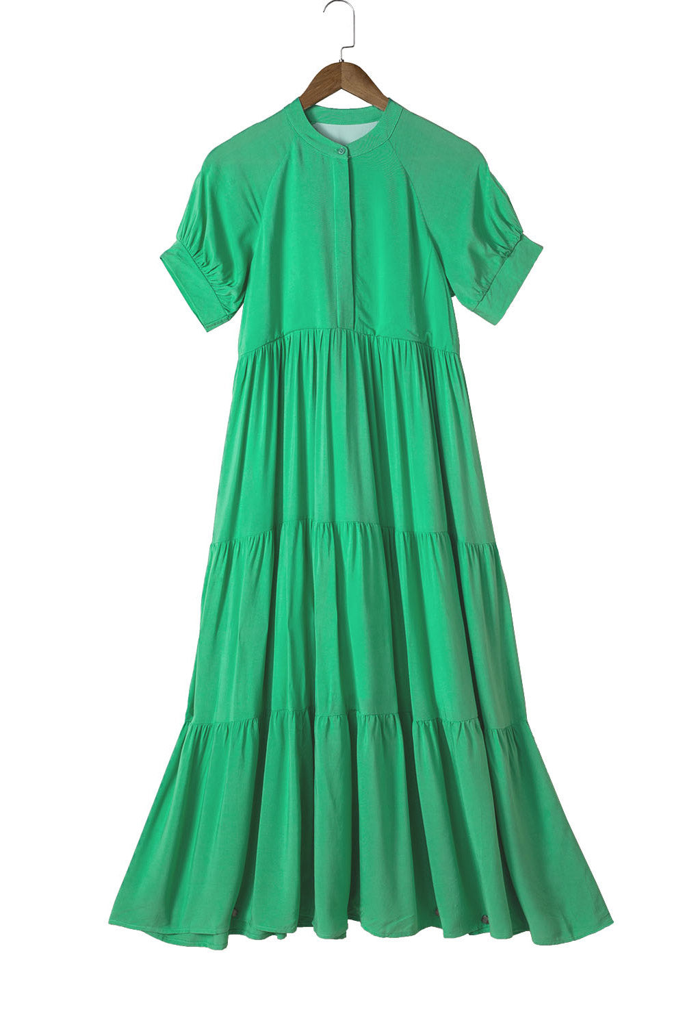 Notch V Neck Bubble Sleeve Tiered Maxi Dress