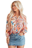 Orange Floral Print Shirred Cuff Buttoned Loose Shirt