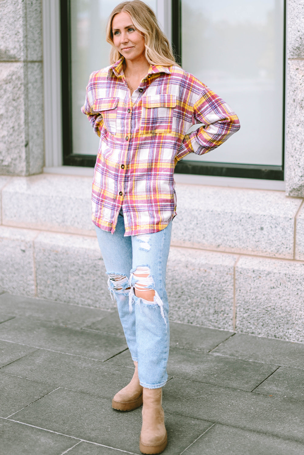 Plaid Print Rounded Hem Shirt Jacket