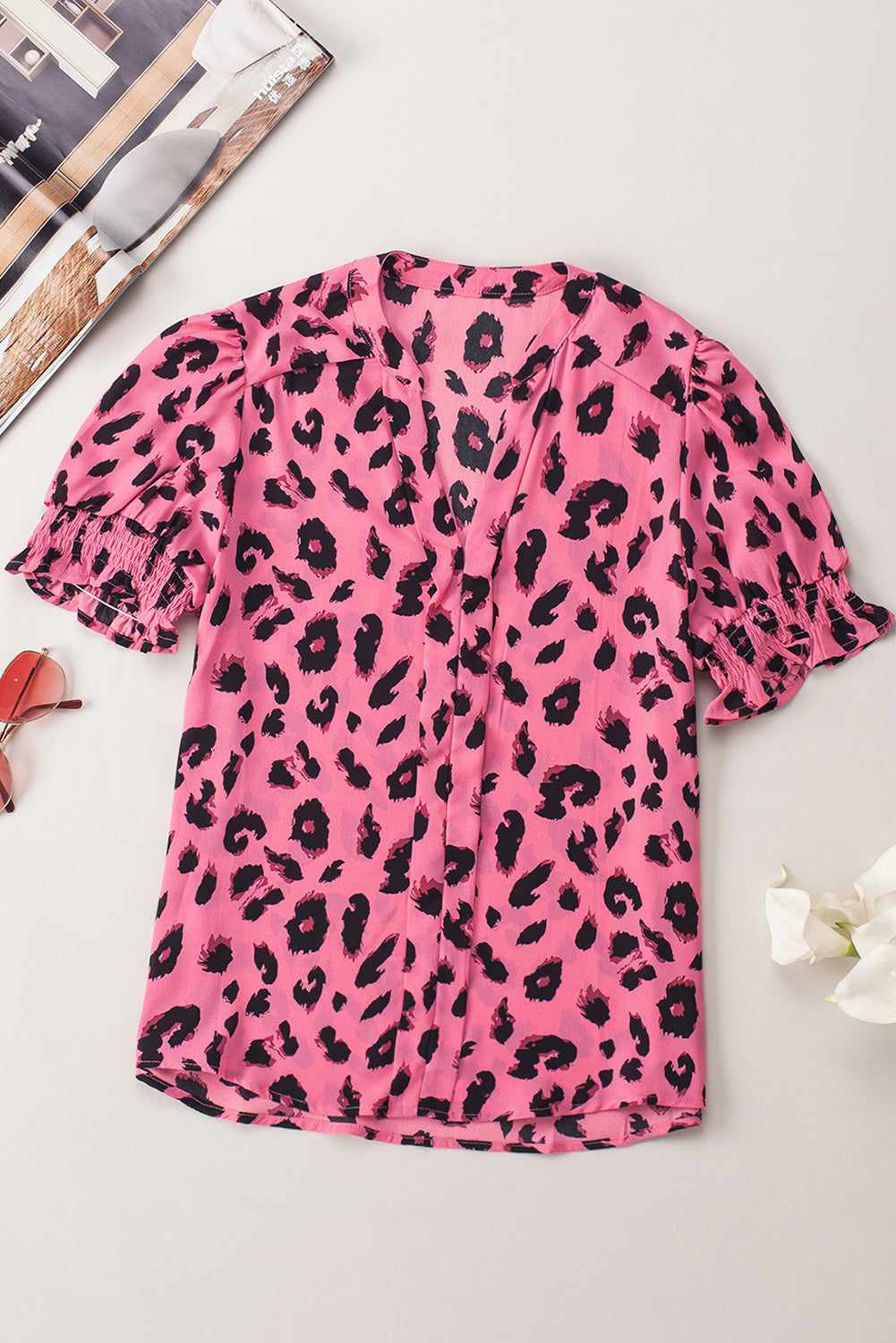 Leopard Notch Neck Bubble Sleeve Blouse