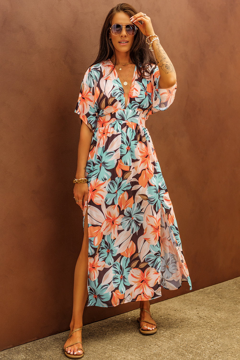 Floral Kimono Long Dress with Slit