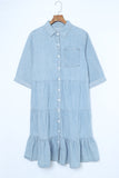 Ruffled Denim Full Buttoned Midi Dress