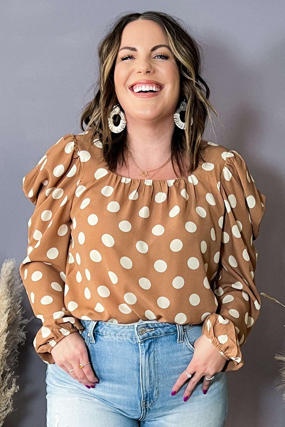 Plus Size Polka Dot Ruched Neckline Puff Sleeve Blouse