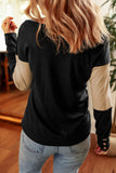 Parchment Colorblock Button Decor Long Sleeve V Neck Top