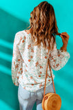 Green Floral Print V Neck Long Puff Sleeve Top