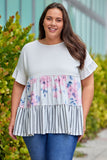 Plus Size Floral Stripe Color Block Babydoll Top