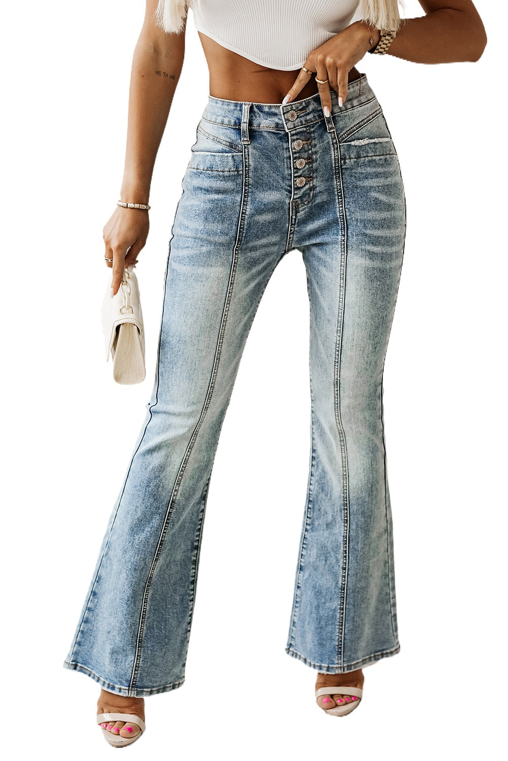 Button Fly Seamed Flare Jeans