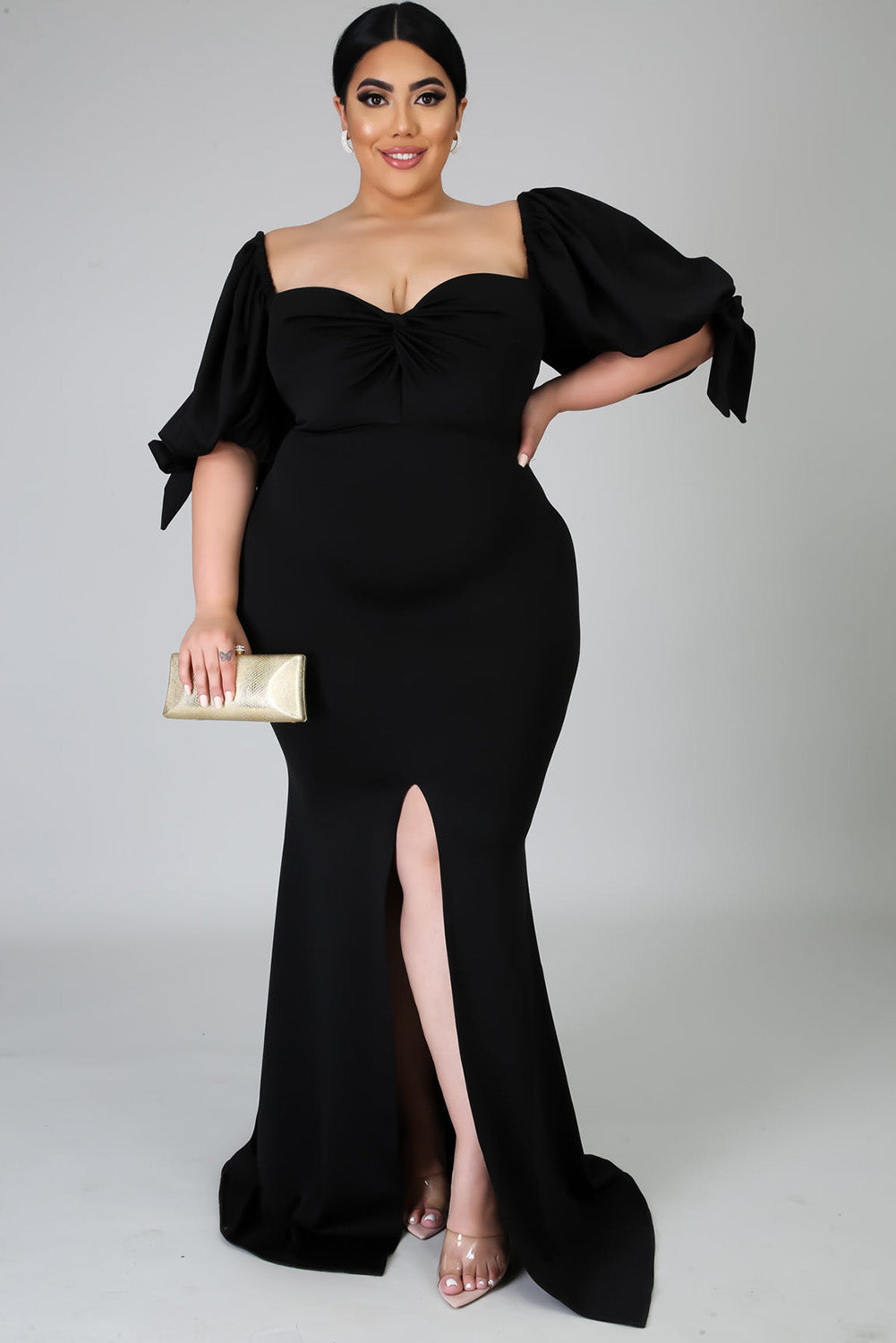 Bow Tie Puff Sleeve Plus Size High Slit Maxi Dress