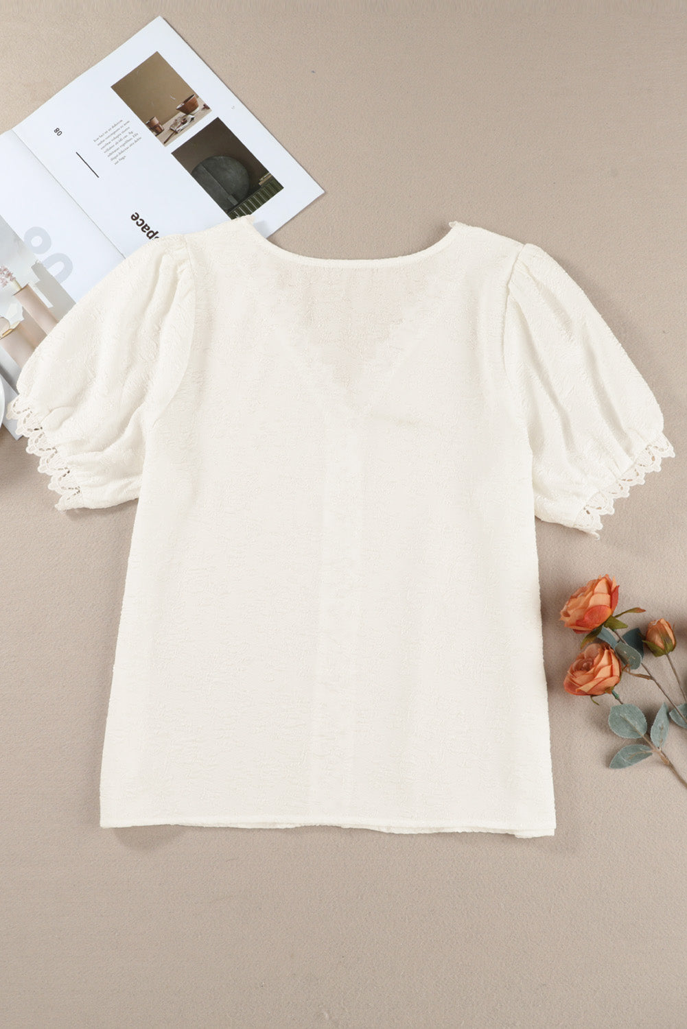 Lace Jacquard Short Sleeve V Neck Casual Shirt