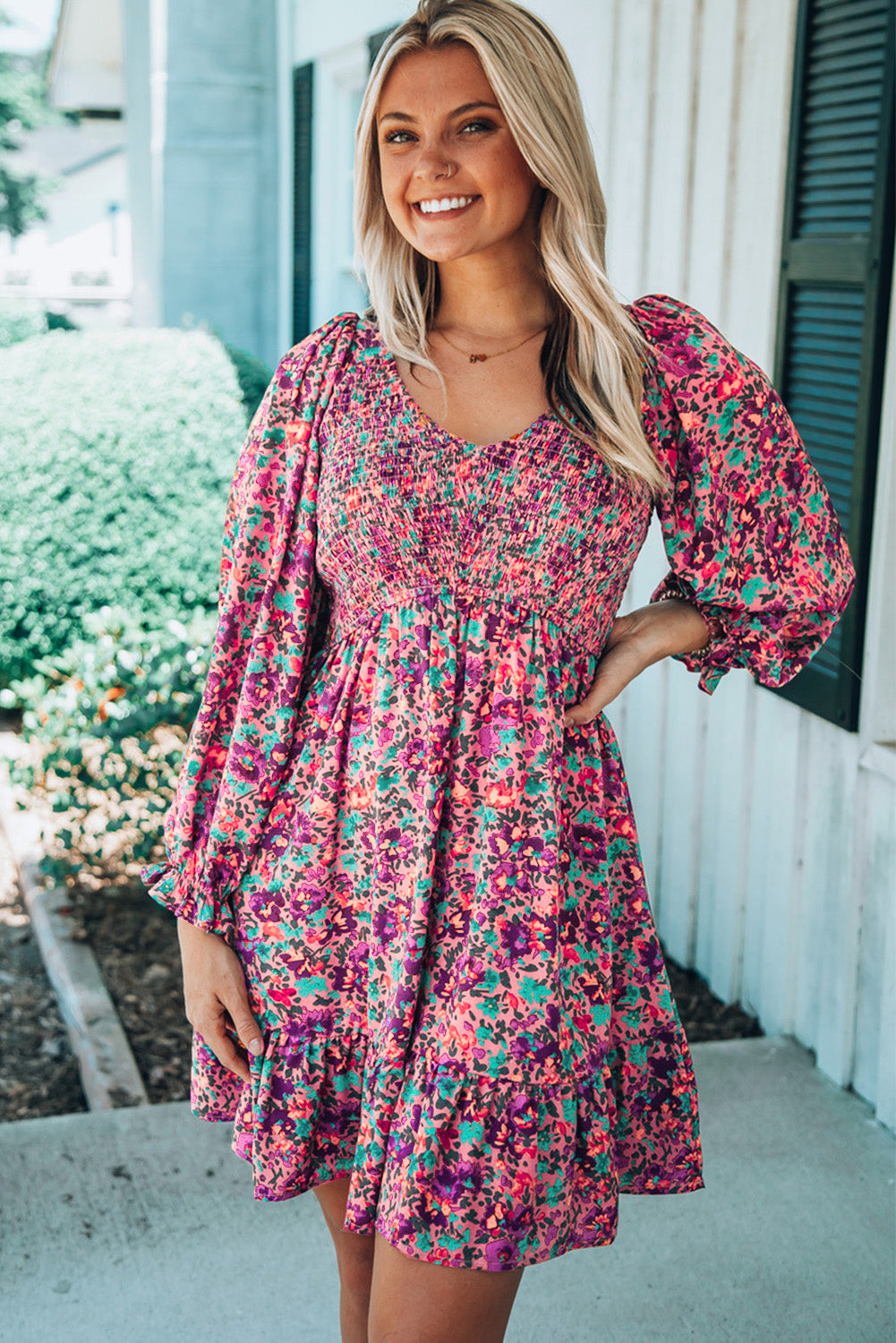 Smocked V Neck Puffy Sleeve Floral Dress