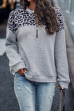 Leopard Splicing Drop Shoulder Zipped Sweatshirt