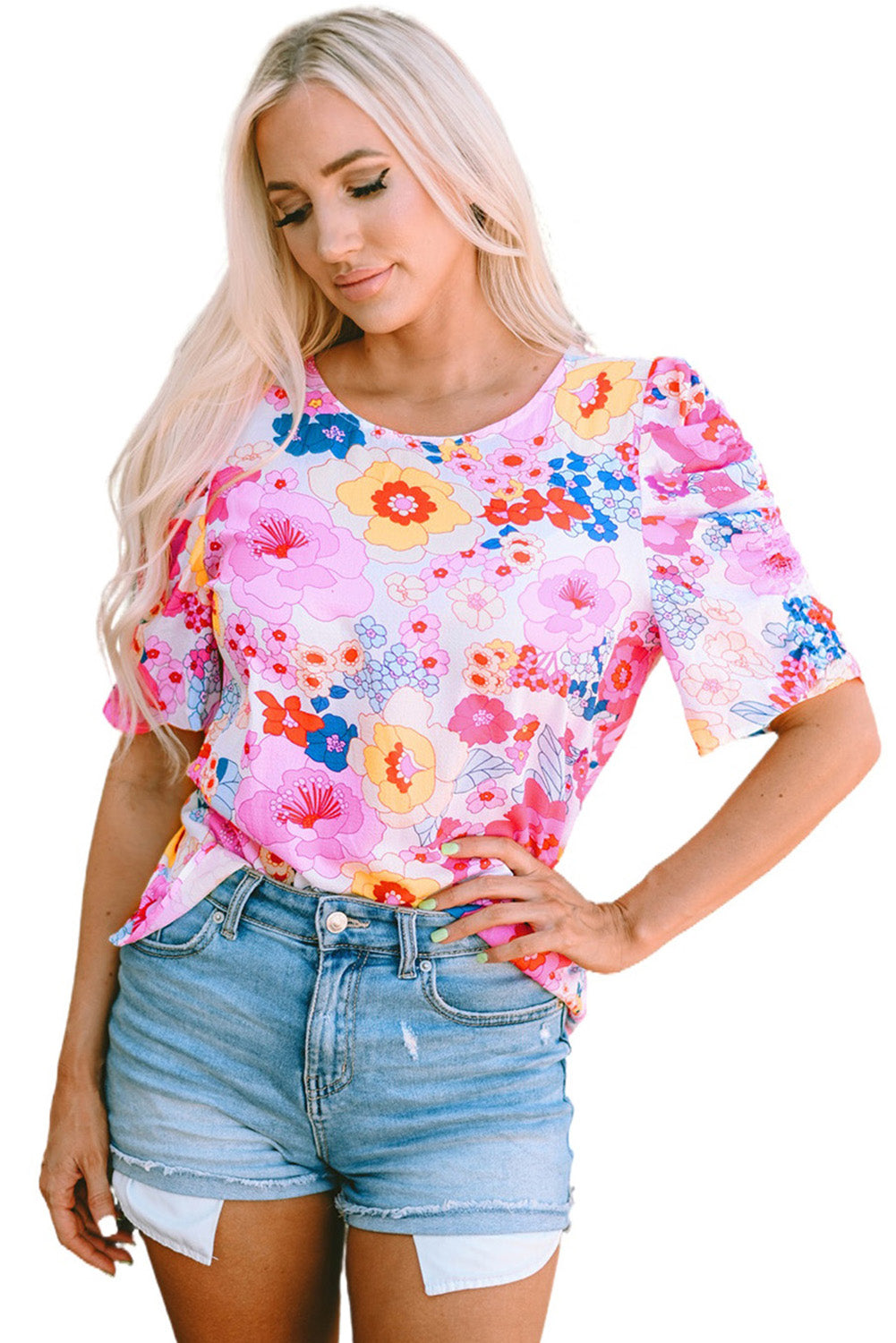 Blouse florale froncée à manches bouffantes