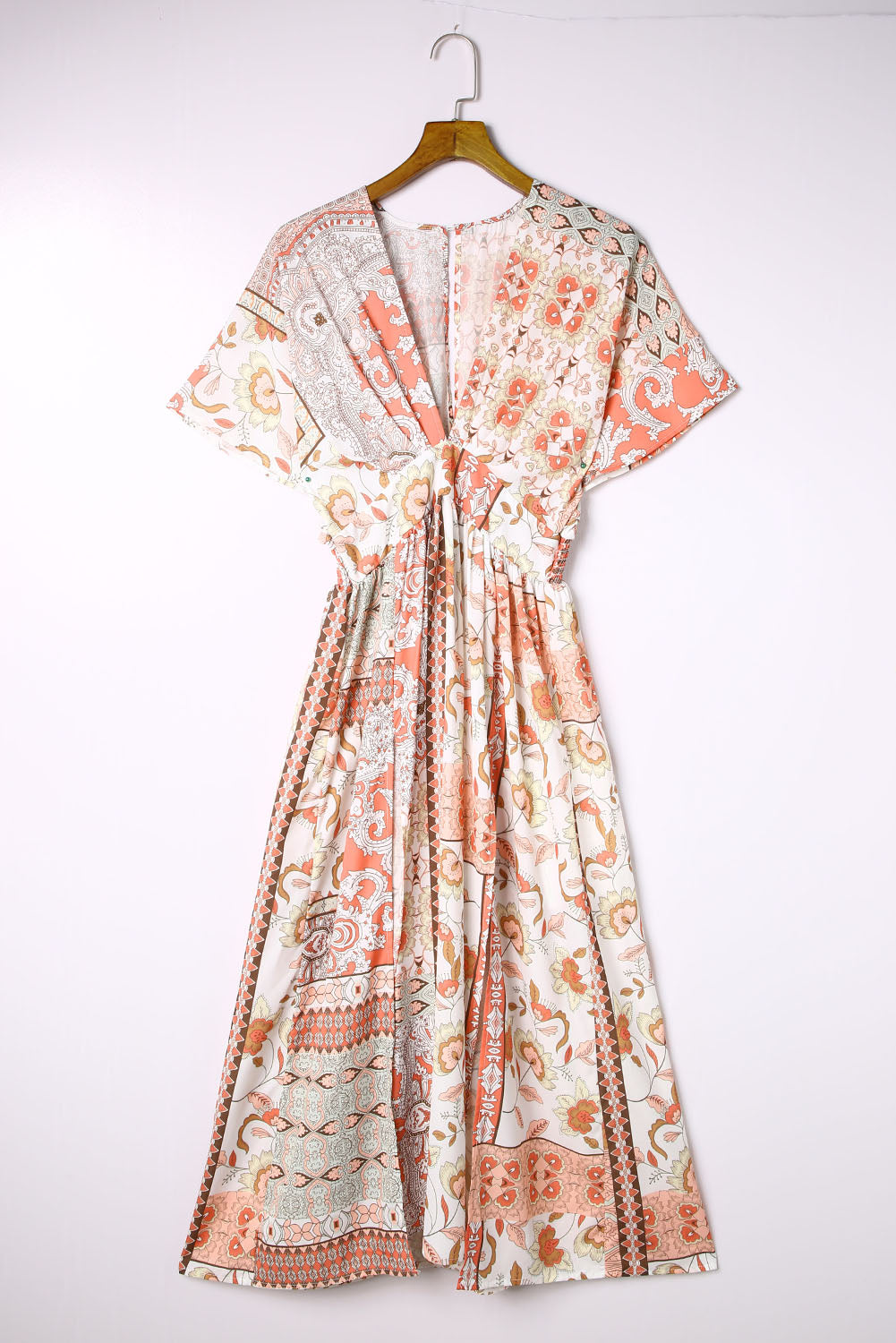 Boho Print Deep V Kimono Sleeves Beach Dress with Split