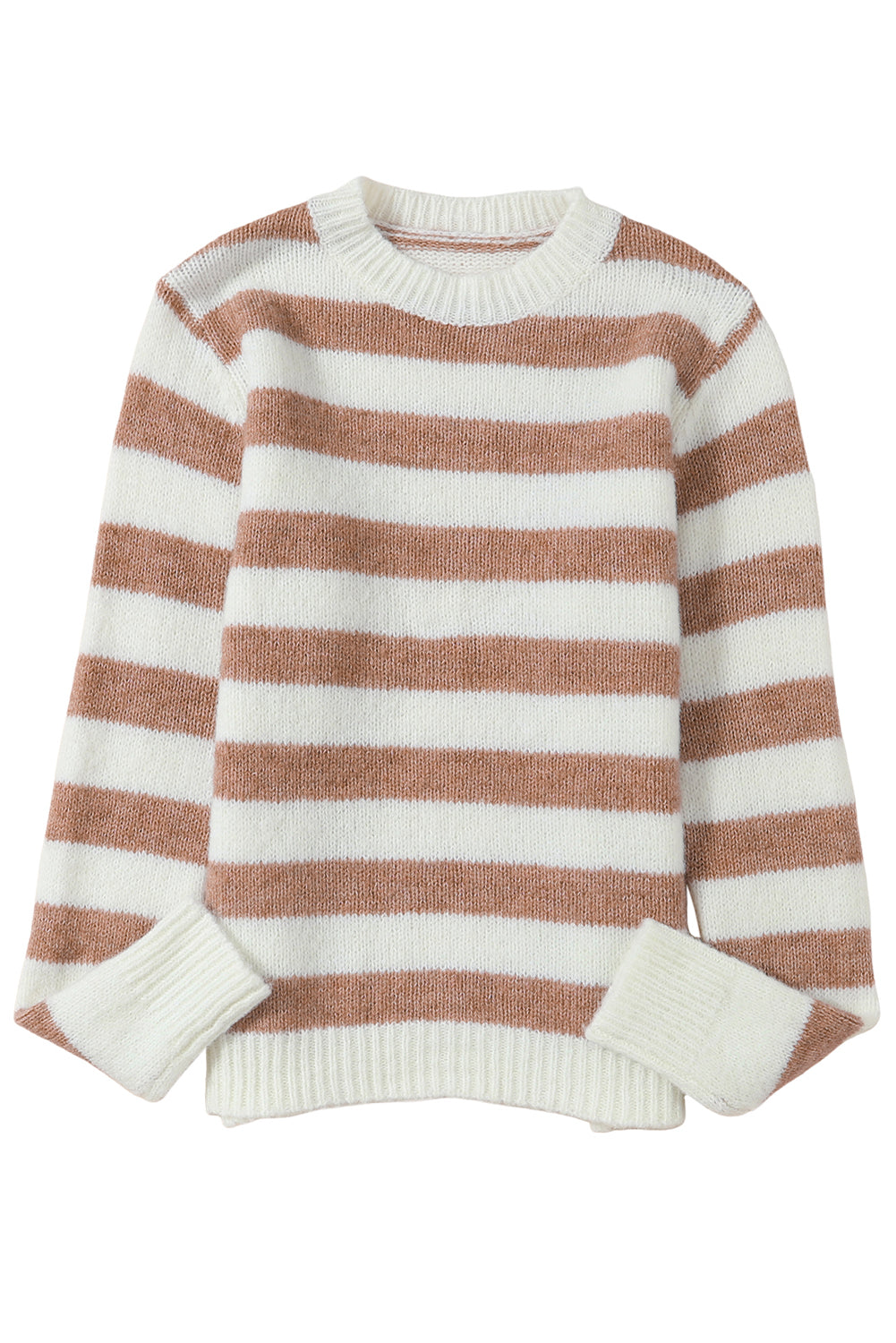 Brown Striped Round Neck Casual Sweater