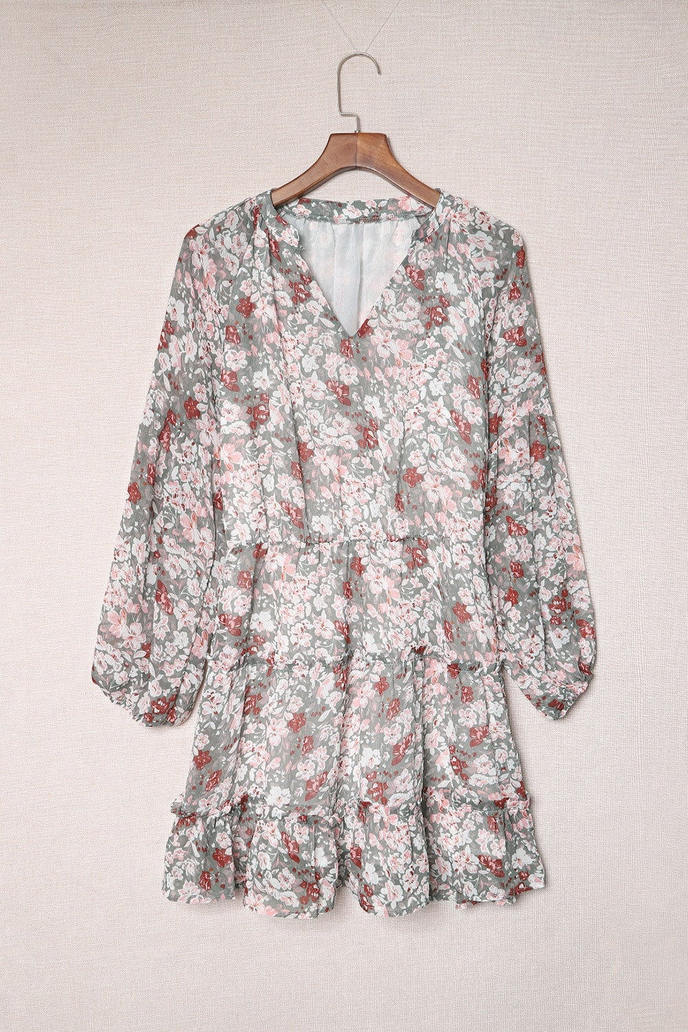 Multicolor V Neck Puff Sleeves Floral Tunic Dress