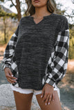 Buffalo Plaid Splicing Split Neck Knit Top