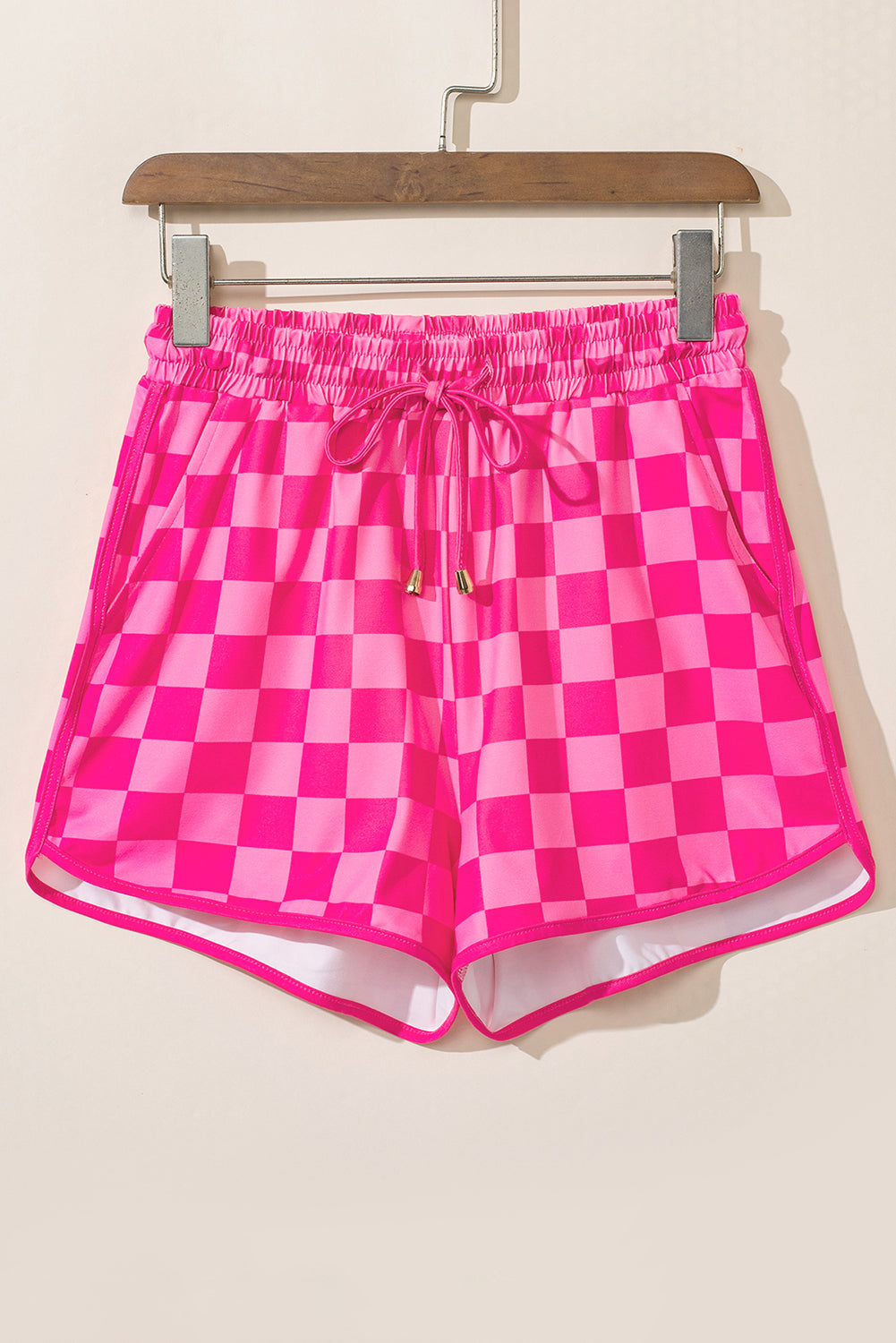 Rose Checkered Drawstring Elastic Waist Casual Shorts