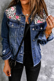 Blue Pattern Print Splicing Distressed Denim Jacket