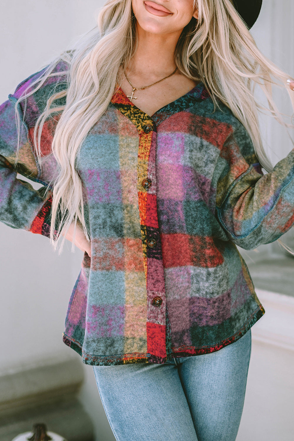 Multicolor Brushed Plaid Pocketed Oversize Shacket