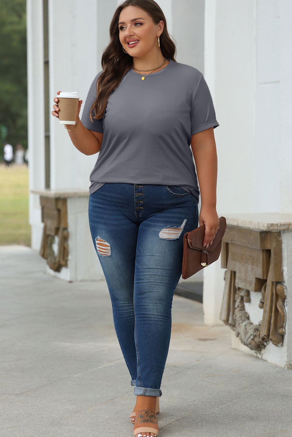 Khaki Casual Plain Crew Neck Tee