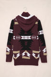 Wine Retro Jacquard Pattern Buttoned Front Hooded Sweater