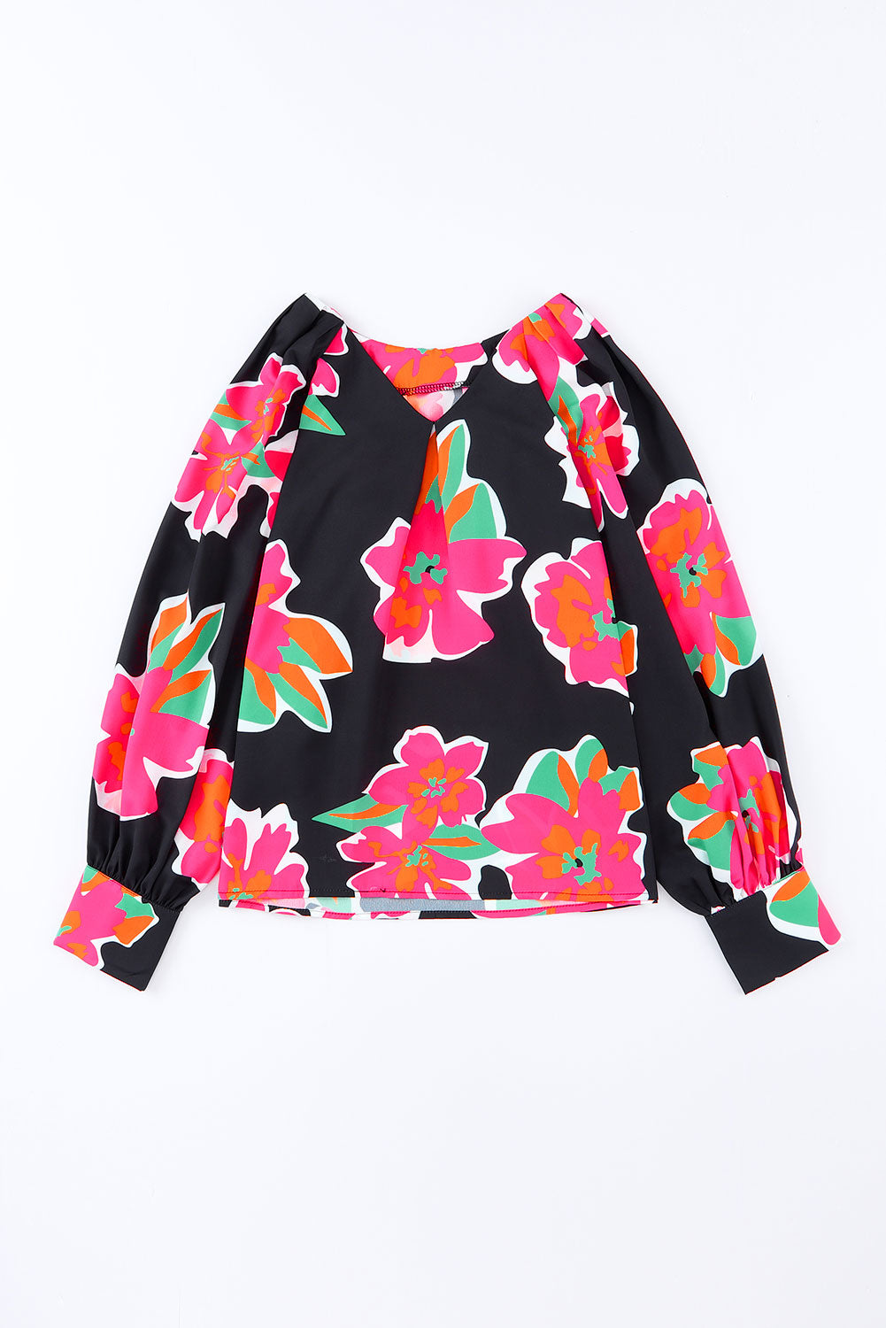 Black Flower Print Puff Sleeve Blouse