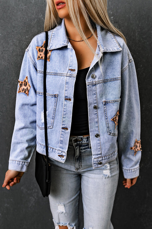 Leopard Star Distressed Cropped Denim Jacket