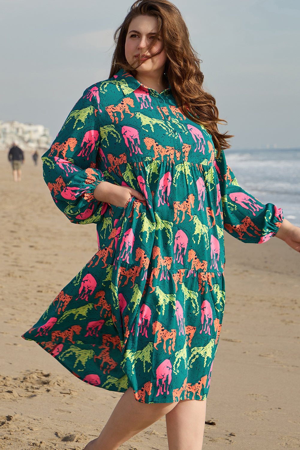 Green Horse Printed Long Sleeve Collared Buttoned Plus Size Midi Dress