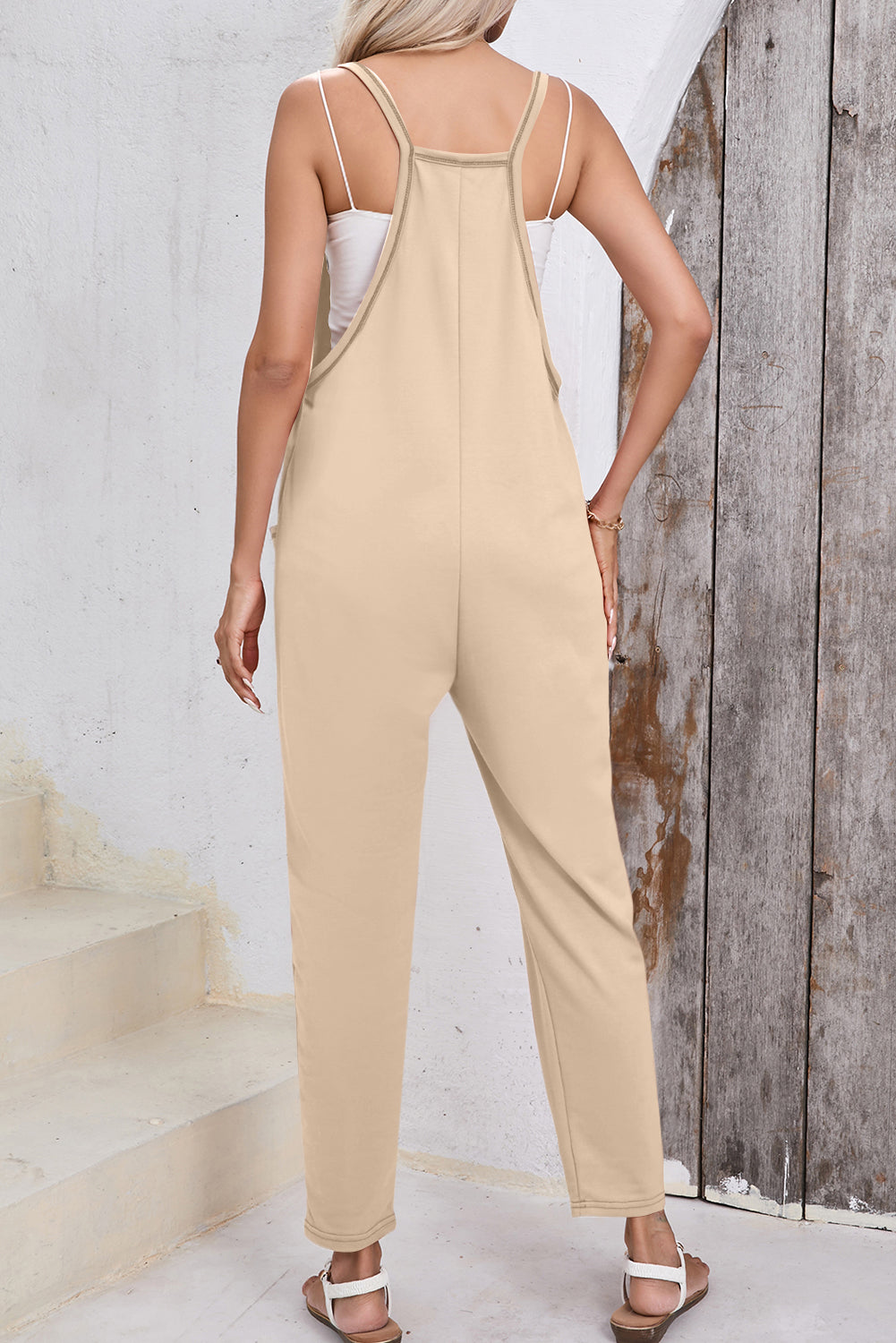 Gold Flame Side Pockets Harem Pants Sleeveless V Neck Jumpsuit