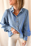 V-shape Stitching Puff Sleeve Denim Shirt