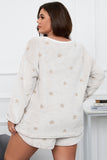 White Plush Star Pattern Long Sleeve Pullover and Shorts Lounge Set