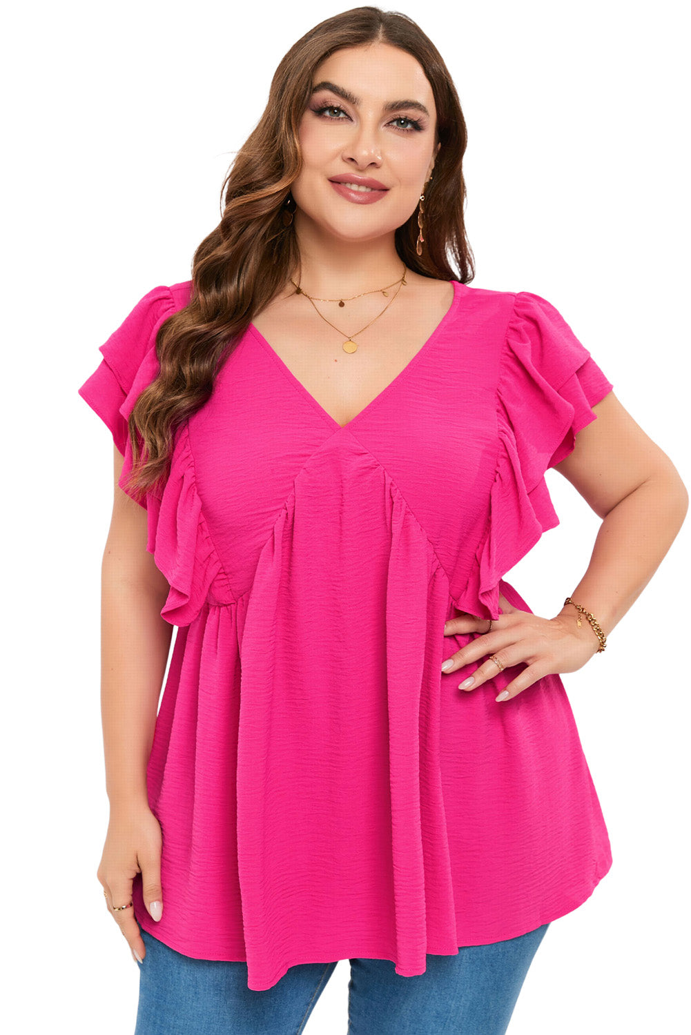 Blouse rose froissée à volants et col en V grande taille