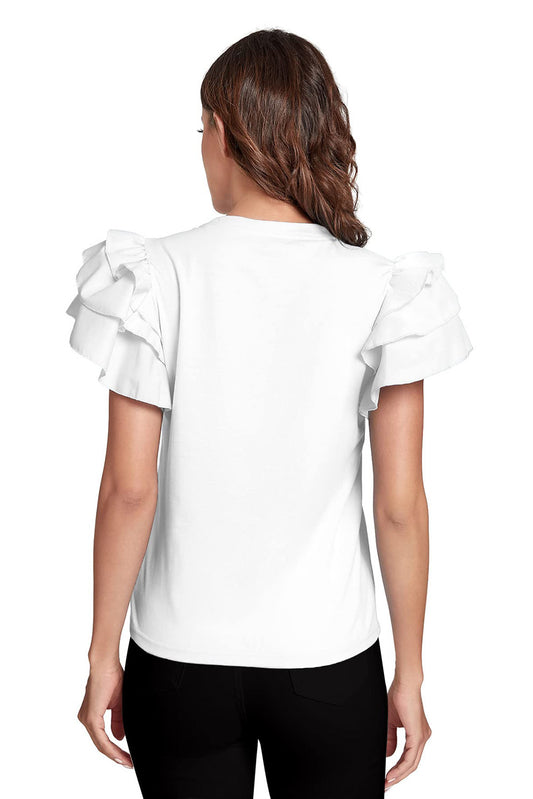 Solid Color Tiered Flutter Sleeve Blouse