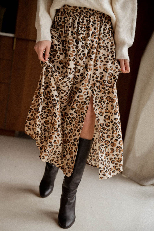 Animal Print High Waist Side Slit Long Skirt