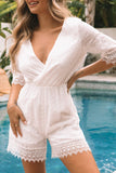 V Neck Lace Trim Embroidered High Waist Romper